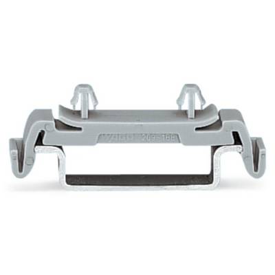 A grey connecting component with metal clips, used for securing components in electrical installations.