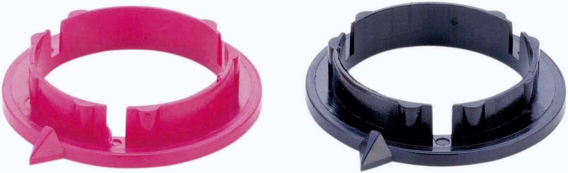 Two plastic rings, one red and one black, with openings at the edge. Used in machines for fixing or as spacers.
