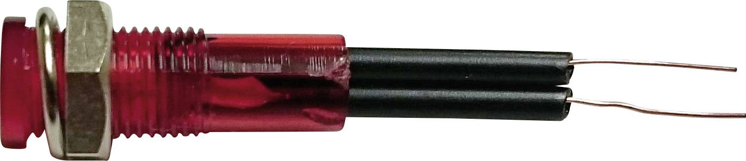 Red LED indicator with two black connection wires and threaded sleeve for mounting.
