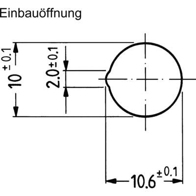 'Installation opening': Technical drawing of a circle with diameter 10.6 ± 0.1 and height 2.0 ± 0.1 millimetres.
