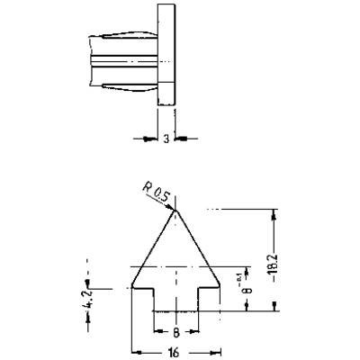 Technical drawing of a component with dimensions: Width 8, Height 18.2, Depth 16. Contains details such as Radius 0.5 and Depth 4.2.