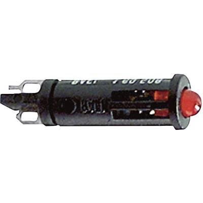 A red LED light in a black casing, shown from the side, with connection pieces at both ends, used in electronic circuits.