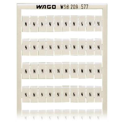 A row of white label tags with the letter 'N', nine per row, eight rows in total. Brand name 'WAGO' at the top of the frame.