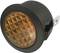Round, black rocker switch with an orange, prismatic surface that reflects light.