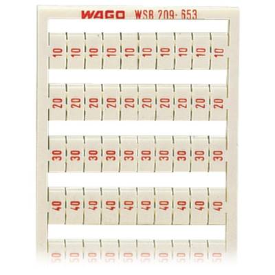 'WSB 209-653' labels from WAGO, numbered from 10 to 50 in steps of five, on a rectangular carrier sheet.