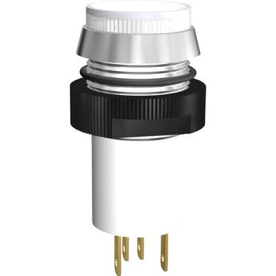 A white-silver toggle switch with three golden contacts on the underside and a black ring in the centre.