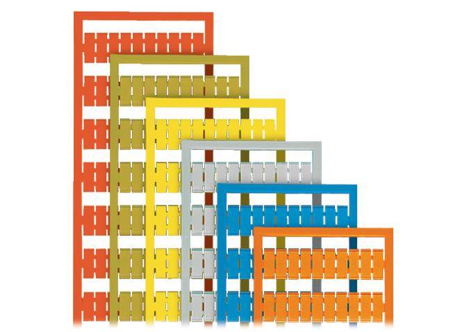 'Six-part coloured group of rectangular objects of varying sizes, arranged in one section of the image.'