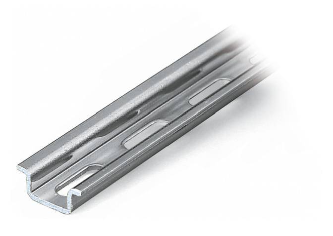 Metal channel with a C-profile, used for mounting or securing purposes. It features elongated slots along its centre.