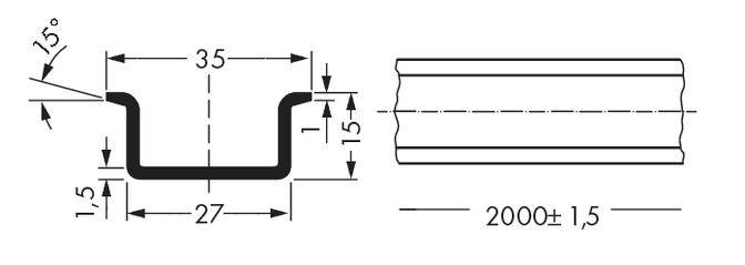 Technical drawing of a U-profile with dimensions: Height 15 mm, Width 27 mm, Material thickness 1.5 mm, Length 2000 mm, Bend angle 15°.