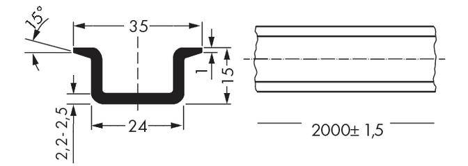Technical drawing of a U-shaped profile with dimensions: 35 mm width, 24 mm internal space, 2.5 mm thickness. Total length: 2000 mm ± 1.5 mm. Angle: 15°.
