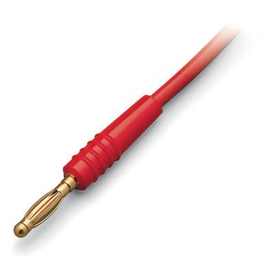 Red banana plug audio cable with gold-plated tip, typical for audio connections, on a white background.