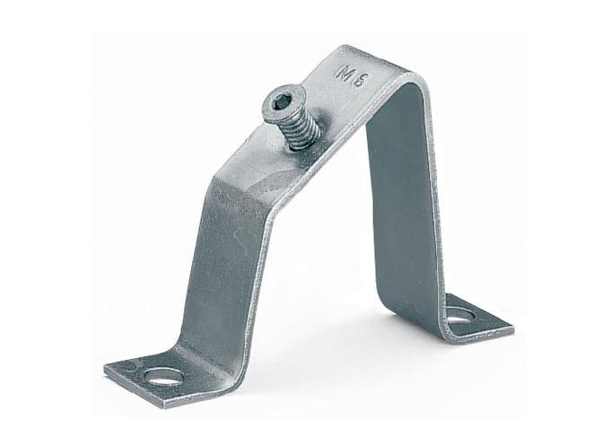 Metal bracket with two mounting holes, bent in a U-shape, with a screw in the centre of the upper side.