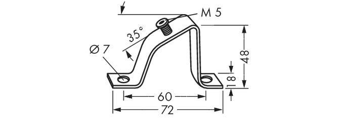 A technical drawing of a metal angle bracket with dimensions 72 mm length, 48 mm height, hole diameter 7 mm, angle 35 degrees, M5 screw.