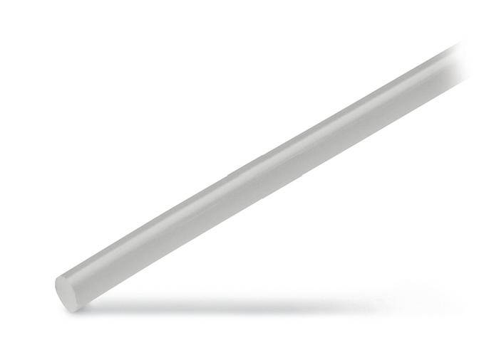 A white, cylindrical rod positioned diagonally on a white background.