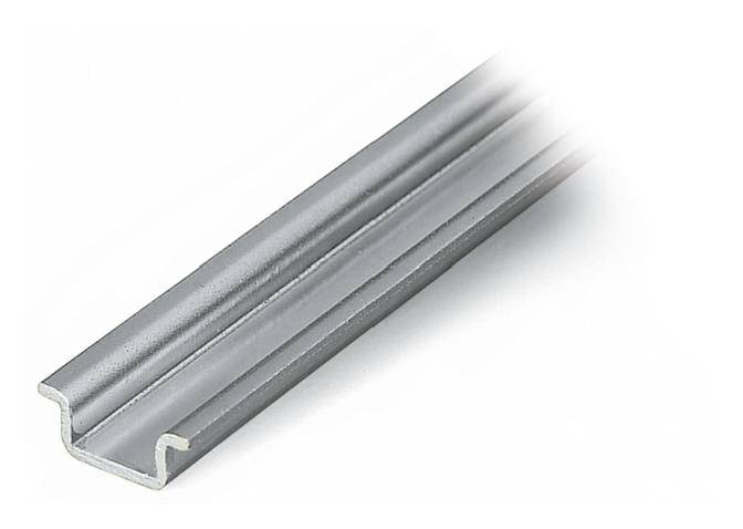 U-shaped metal channel, silvery and gleaming. Suitable for constructions or sliding systems. Smooth surface texture.