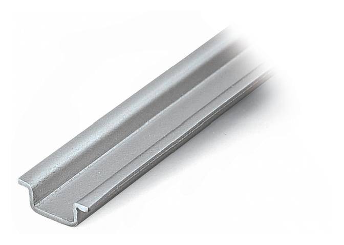 Metal channel in C-shape, photographed from the side, showing a smooth, grey surface. Suitable for construction sites or mounting components.