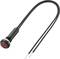 Red LED indicator light with two black power supply cables, suitable for electronic applications and displays.