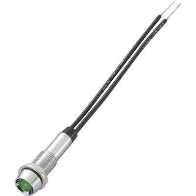 A metal LED indicator with a green illumination display and two black connection wires. Suitable for industrial applications.
