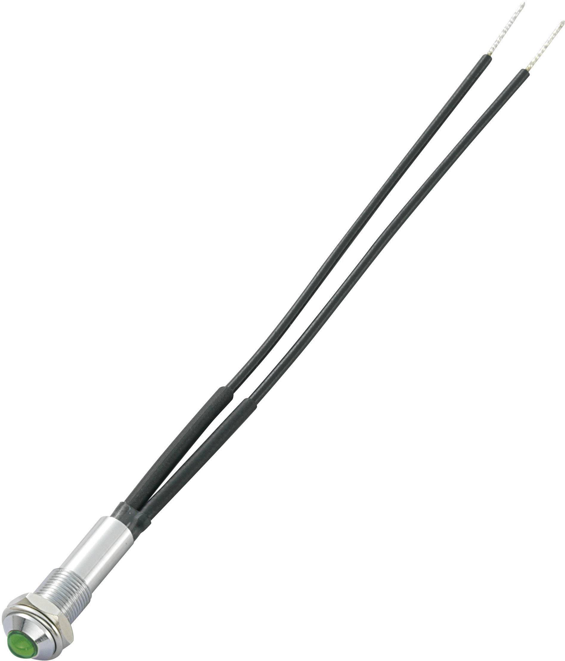 Cylindrical electrical sensor with a green end and two black cables for connection, used for object detection.