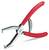 Red clamp with spring-loaded handles, opened in a side view, on a white background. Tool for electrical work.