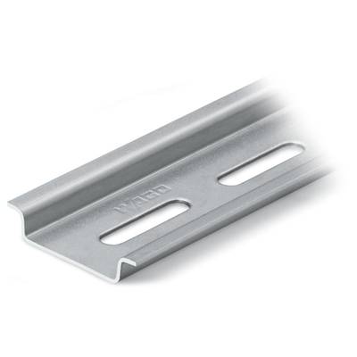 Grey metal rail profile with two elongated holes and an embossed logo. Used for securing electrical components.