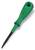 A green screwdriver with a black tip, ideal for tightening or loosening screws, lies on a white background.