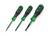 Three screwdrivers in different sizes, all black and green, lying side by side.