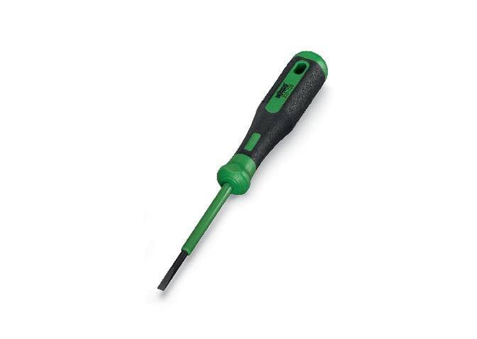 Green and black screwdriver with a flat blade on a white background.