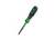 Green and black screwdriver with a flat blade on a white background.