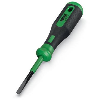 A green and black screwdriver with a flat-head tip on a white background. Suitable for precision work.