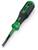A green and black screwdriver with a flat-head tip on a white background. Suitable for precision work.