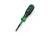 Screwdriver with a green, ergonomic handle and a flat blade, positioned on a white background.