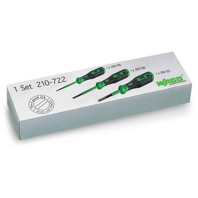 A packaging containing a screwdriver set (1 set 210-722) by WAGO, comprising three green screwdrivers.