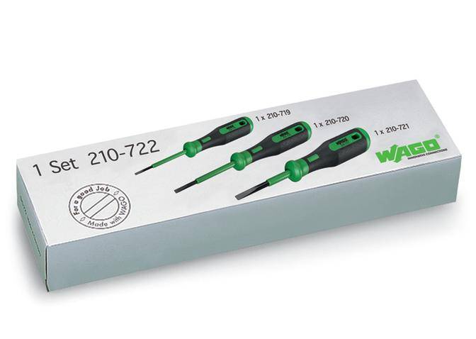 Packaging for a screwdriver set. Contains four screwdrivers in various sizes, identifiable by their green and black colouring.