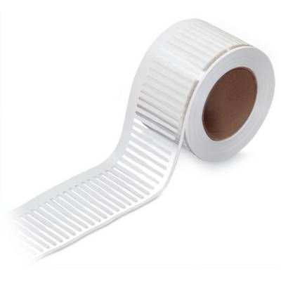 A roll of white, thin rectangular labels on a brown cardboard core. The labels have small, elongated slits.