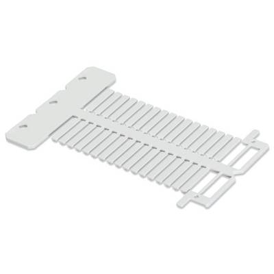 A white plastic comb with wide, uniform teeth. Suitable for use in a hair clipper.