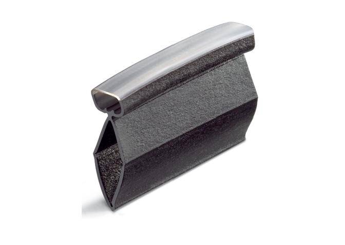 A modern, metallic clip design with a smooth surface and angled edges, suitable for industrial applications.