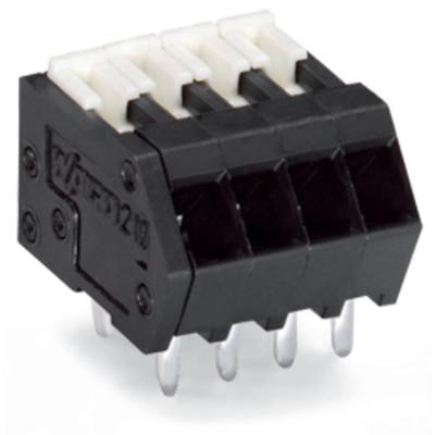 A black connector with four pins and metallic contacts. It has a white top surface and is suitable for electronic circuits.
