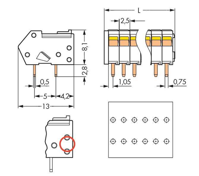 Technical drawing of an electronic connector with dimensions. Shows top view, side view, and drilling details.