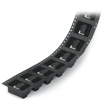A chain of electronic components in black housings, prepared for assembly or mounting in electronic production.