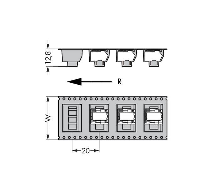 Circuit diagram shows a series of sockets with dimensional specifications: width 'W', depth 12.8, spacing 20. Arrow indicates direction 'R'.