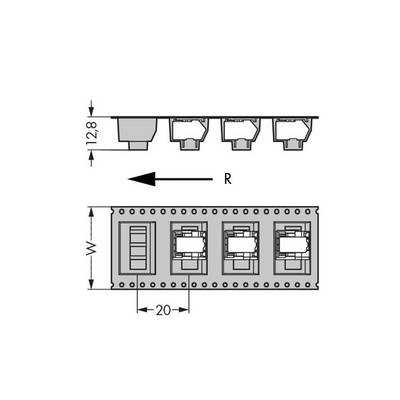 Circuit diagram shows a series of sockets with dimensional specifications: width 'W', depth 12.8, spacing 20. Arrow indicates direction 'R'.