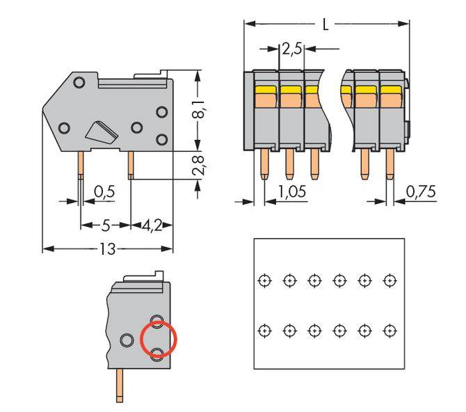 Technical drawing of a connector with dimensional specifications. Side and top views show dimensions and mounting holes.