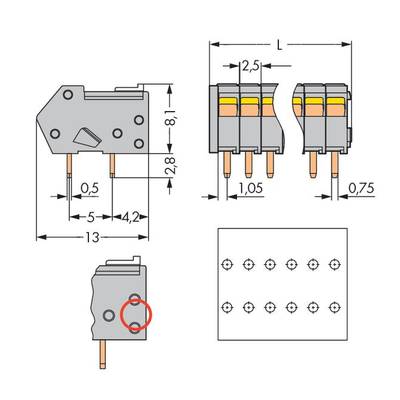 Technical drawing of a connector with dimensional specifications. Side and top views show dimensions and mounting holes.