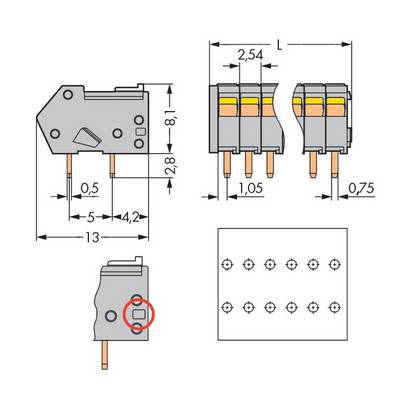 Technical drawing of an electronic connector with dimensions in millimetres. Top, side, and bottom views shown.