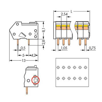 Technical drawing of an electronic component with dimensions in mm. Four-pin connector configuration with precise length and height specifications.