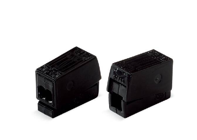 Two black plastic connectors stand side by side on a white background.