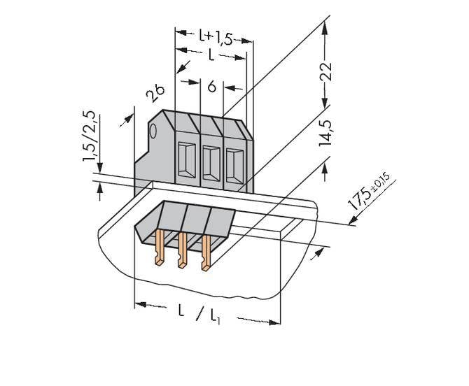 Technical drawing of an electrical connector with dimensions: L=1.5, 26, 6, 14.5, 22, 17.5 mm. Shows contact pins and housing.