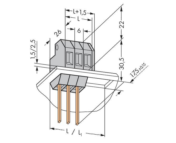 Technical drawing of an electrical connector, showing dimensions in millimetres for width, height, and pin spacing.