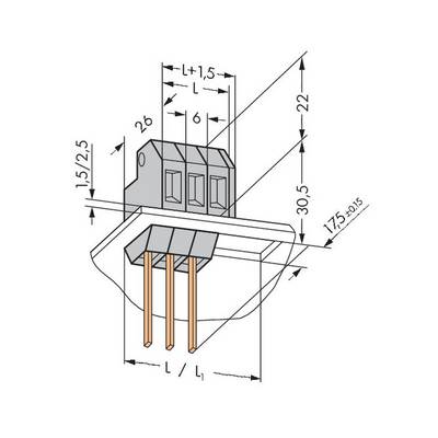 Technical drawing of an electrical connector, showing dimensions in millimetres for width, height, and pin spacing.